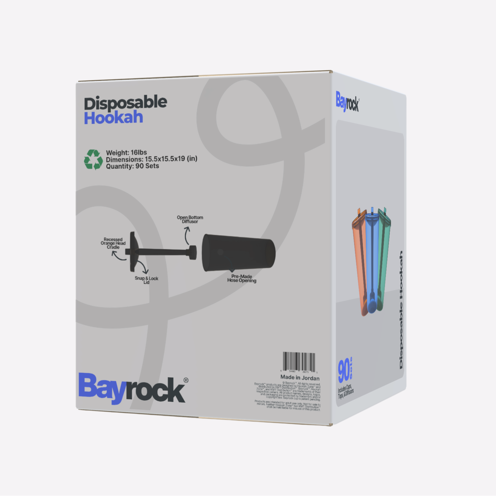 Box of Bayrock disposable hookahs on a white background
