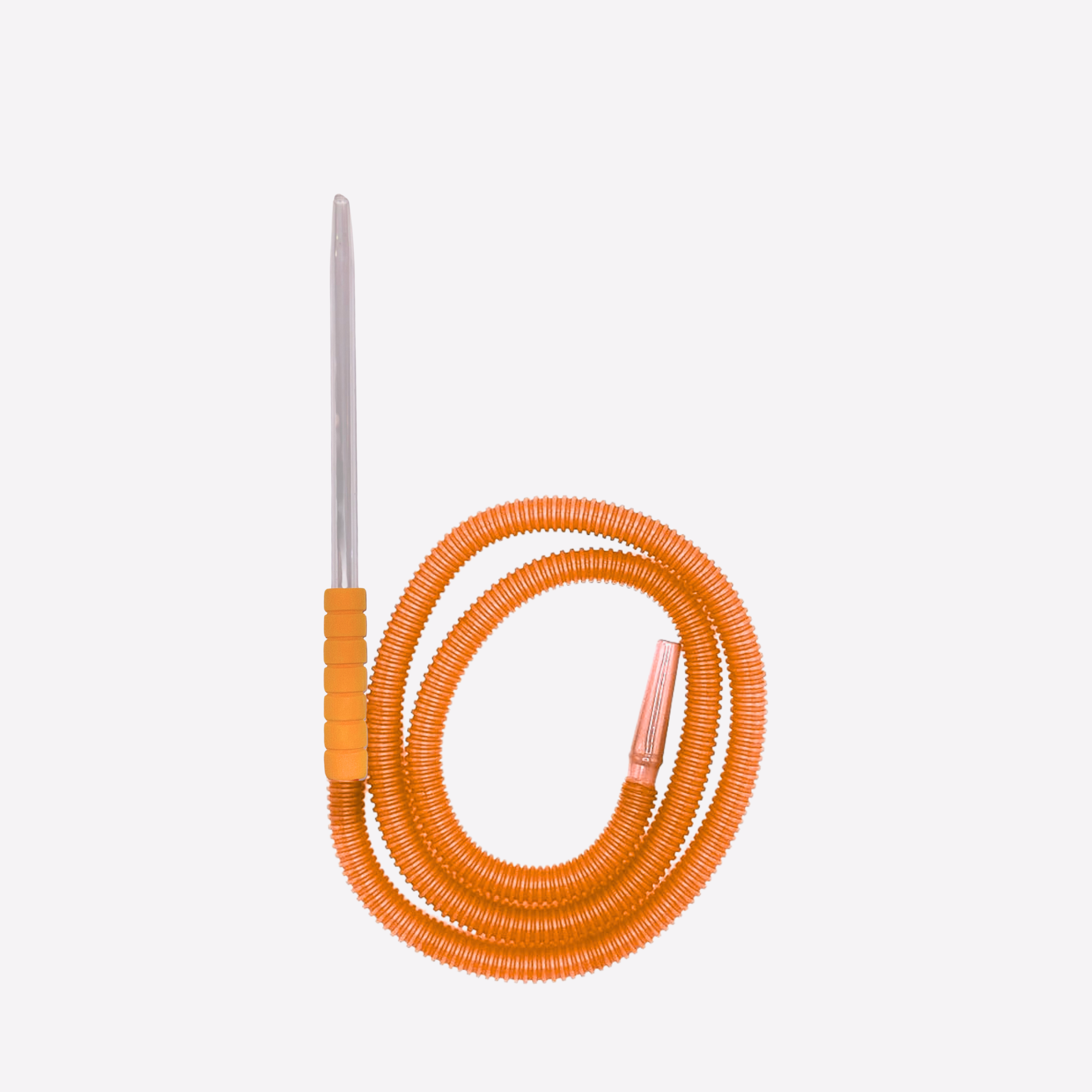 Coiled orange hose with a metal probe on a white background