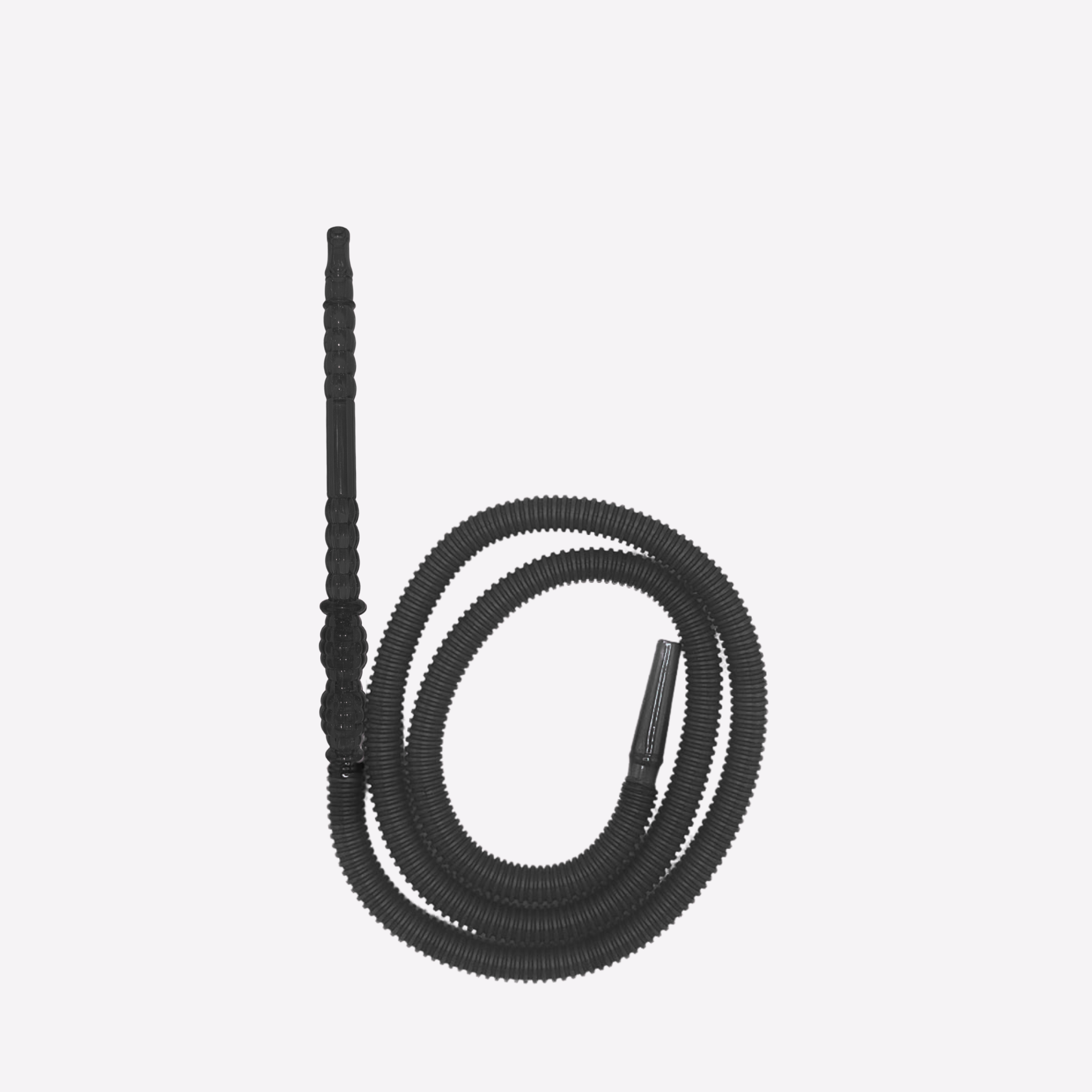 Coiled black hose on a light gray background
