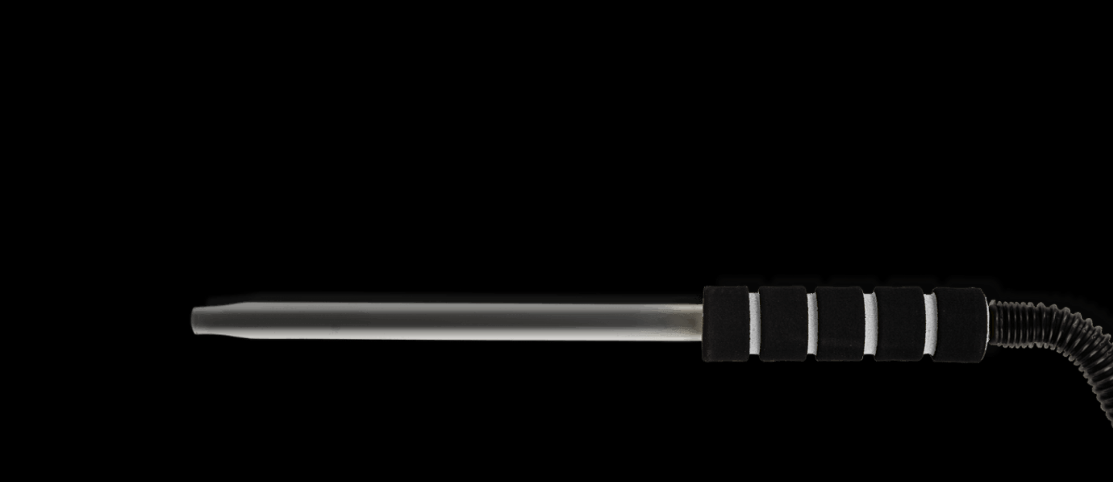 Black and silver tool with a coiled hose on a white background