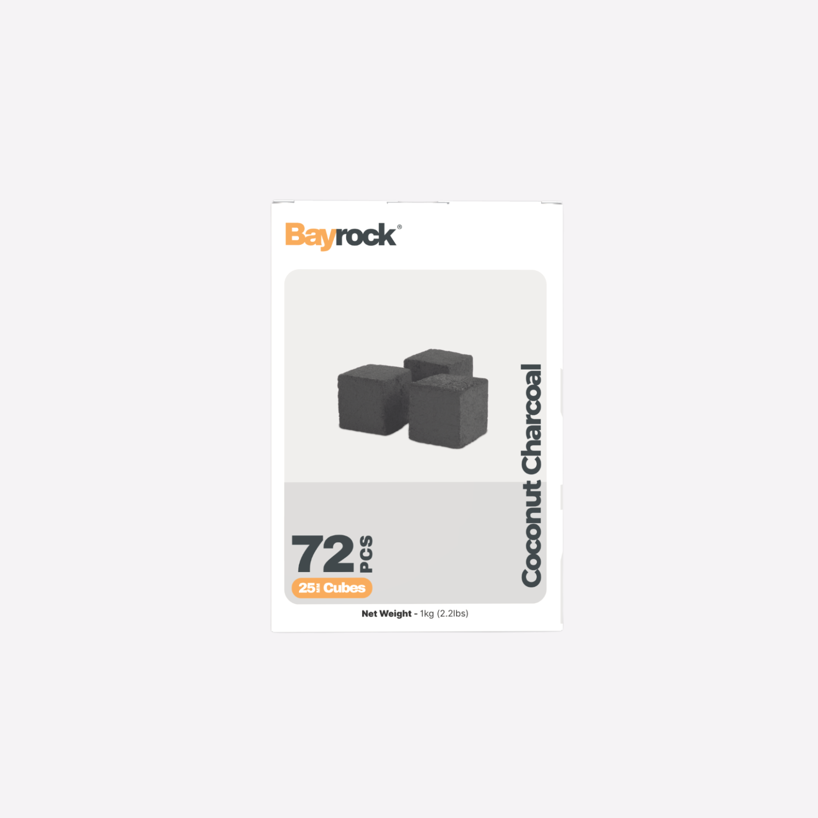 Bayrock coconut charcoal packaging with two charcoal cubes on a white background