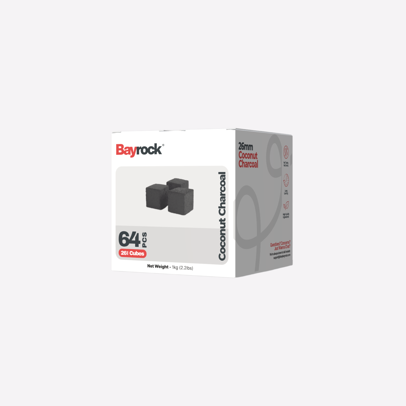 Box of Bayrock coconut charcoal on a white background