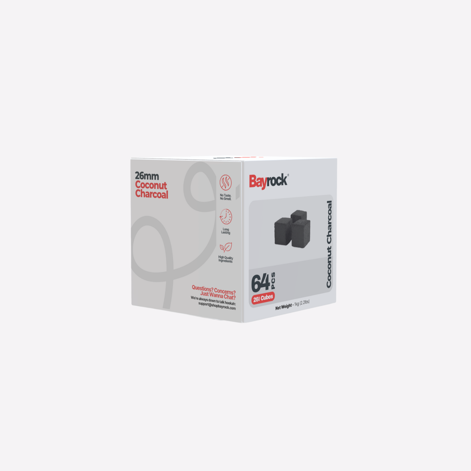 Box of Bayrock coconut charcoal on a white background