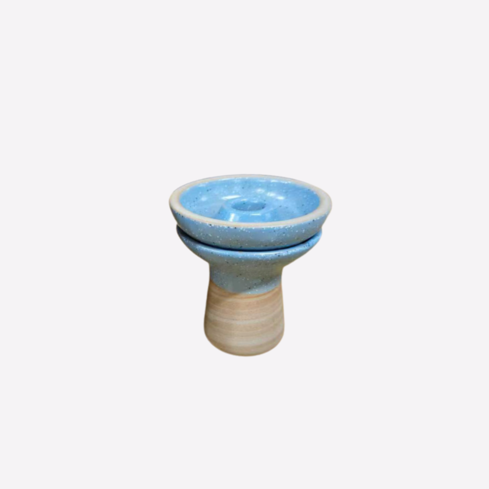 Ceramic hookah bowl with blue top and beige base on a white background