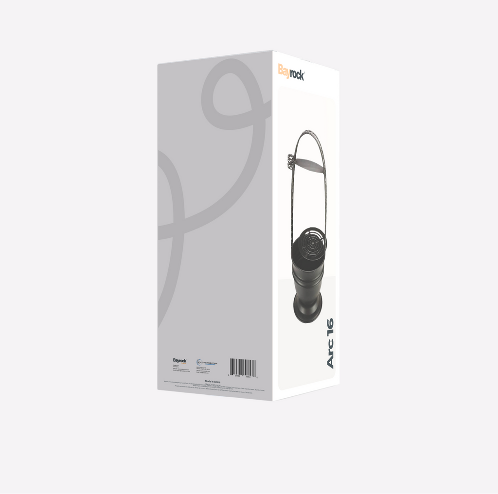 Packaging of a black carrier with 'Arc' branding on a white background
