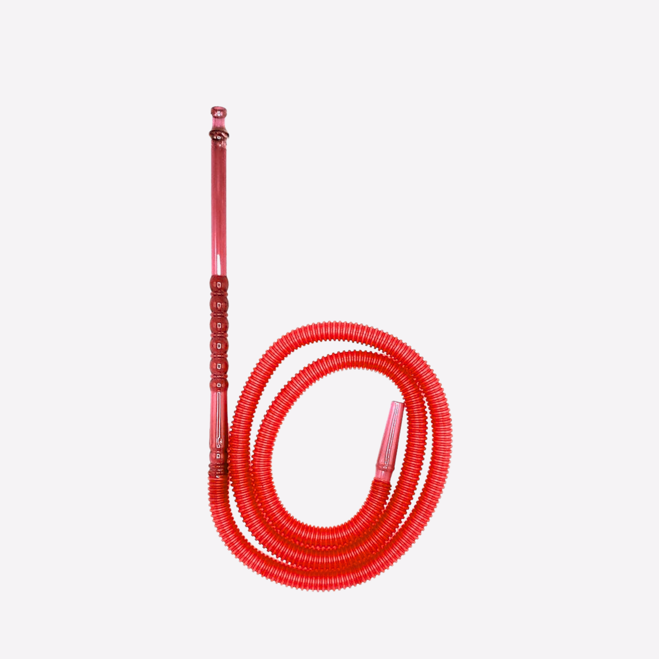 Red coiled hose with a wooden handle on a white background
