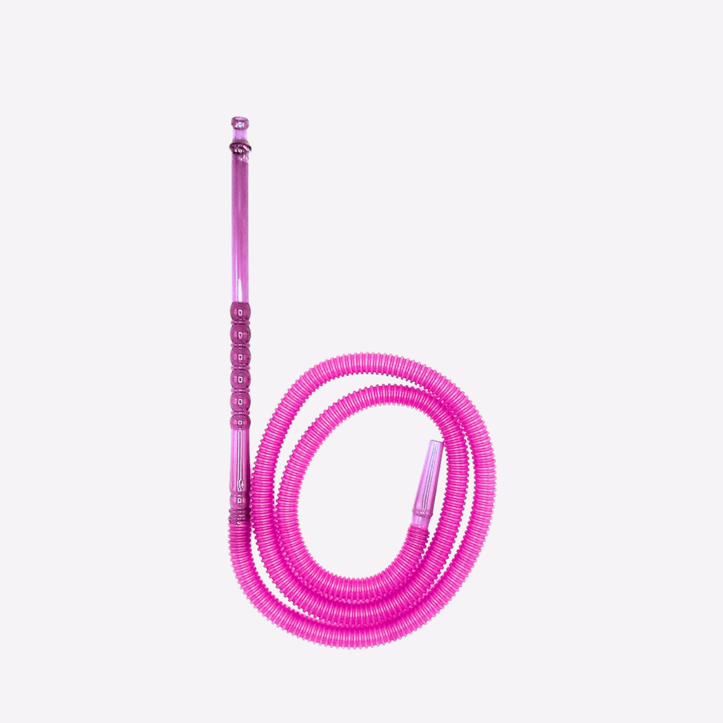 Pink coiled hose with a beaded handle on a white background