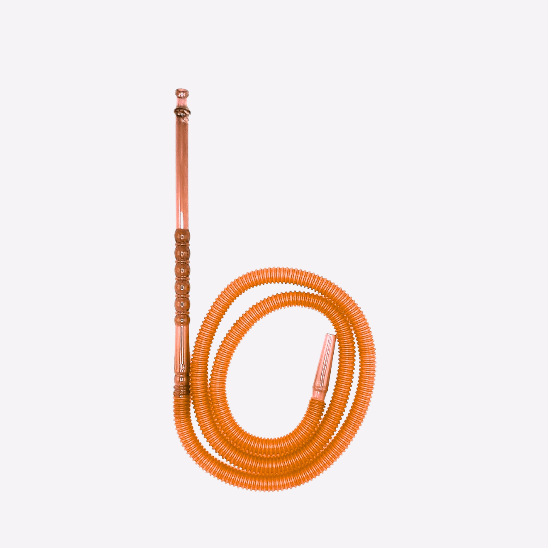 Coiled orange hose with brass fitting on a white background