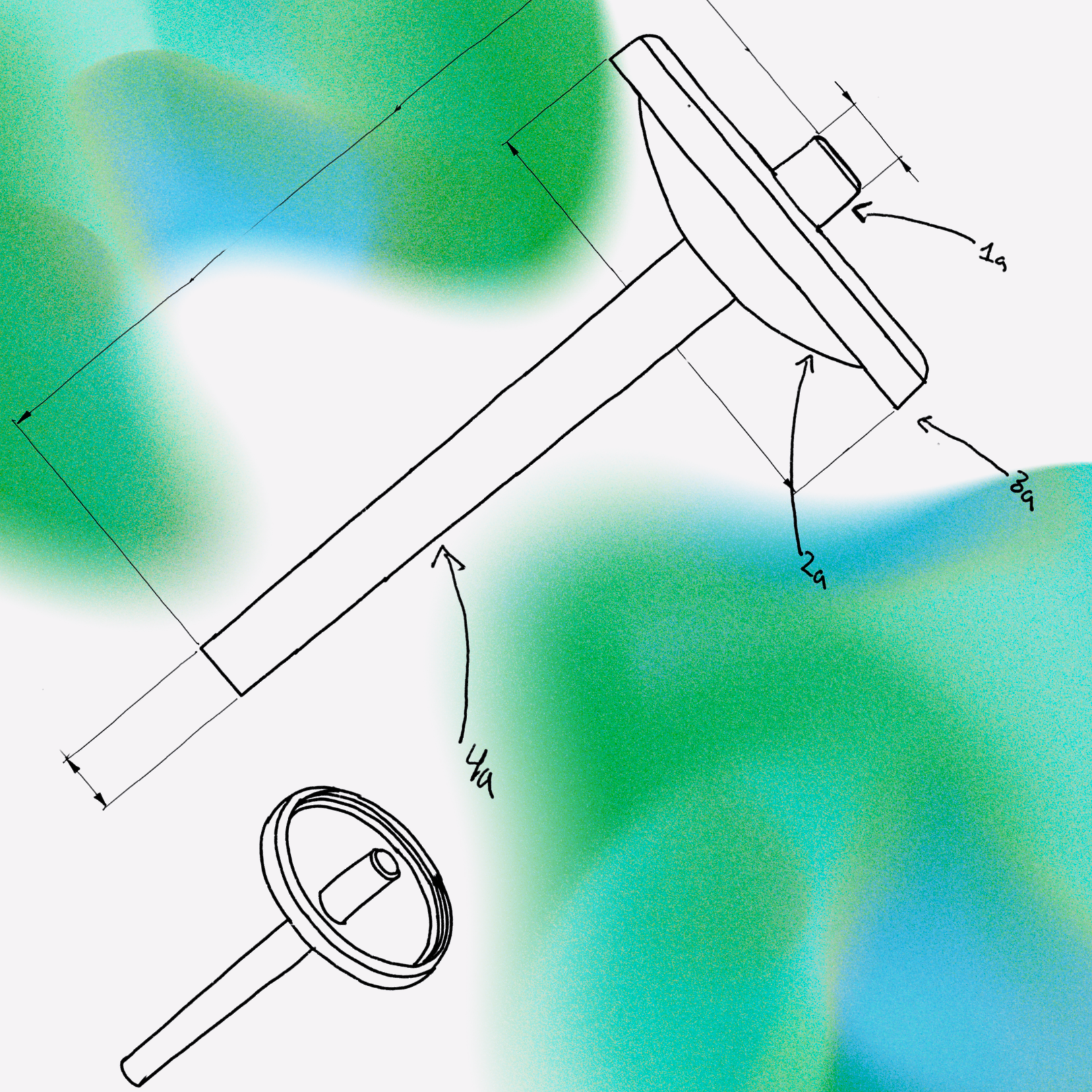 Technical drawing of a squeegee with measurements on a green and blue gradient background