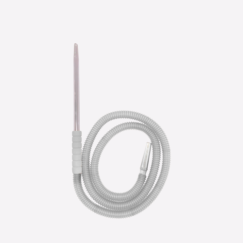 Coiled hose with a metallic needle-like tip on a white background