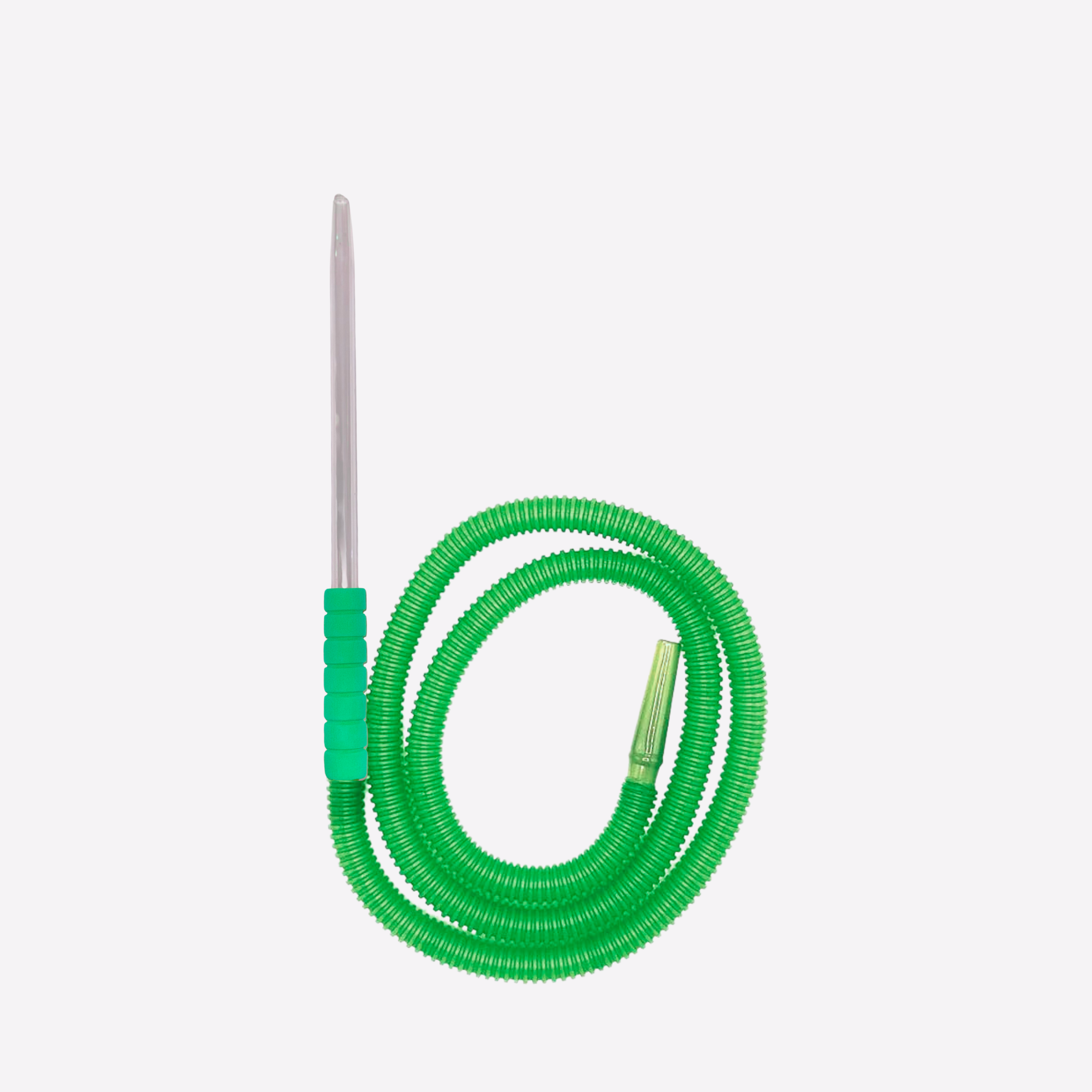 Green coiled hose with a metal probe on a white background