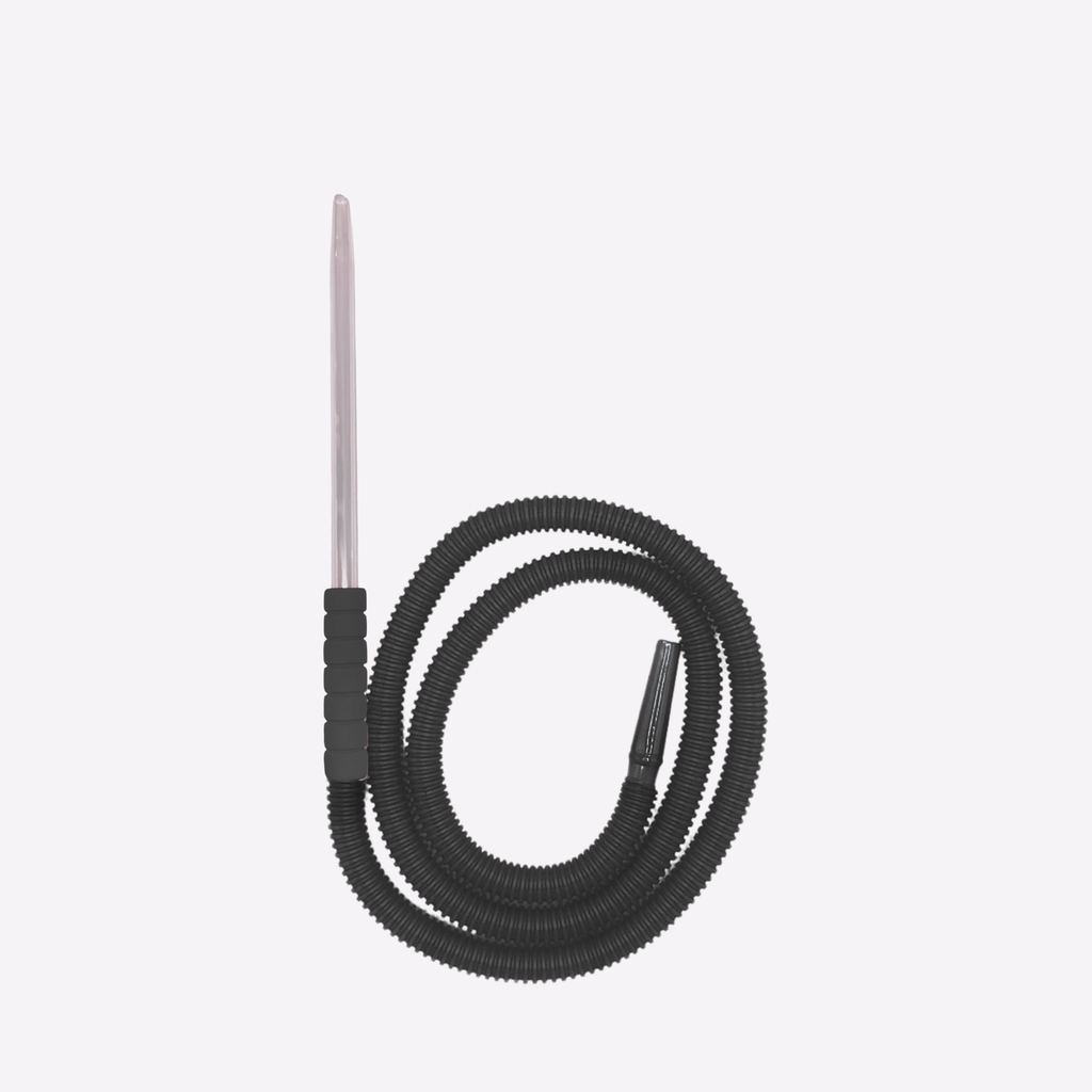 Coiled black hose with a metallic probe on a light gray background