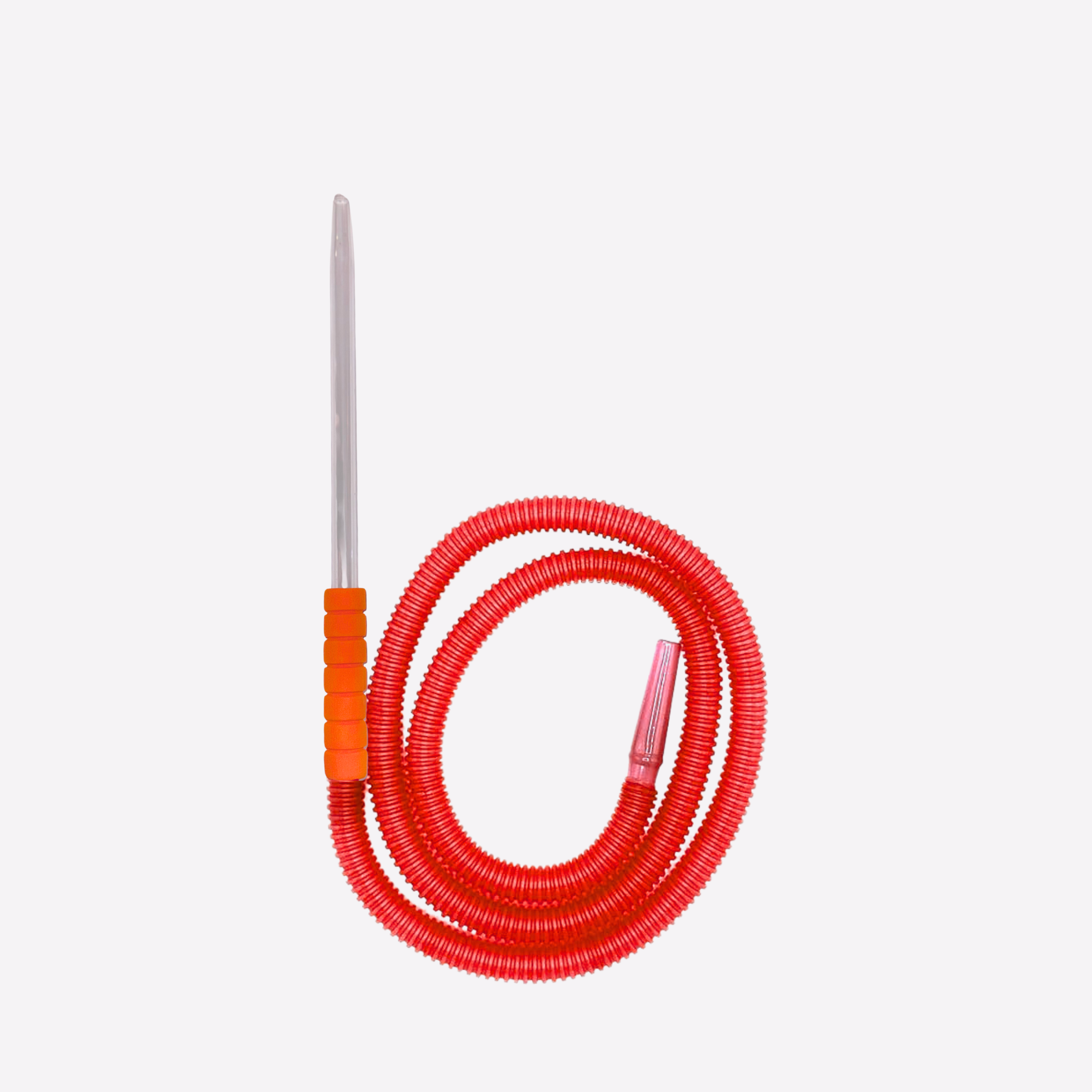 Red coiled hose with a metal probe on a white background