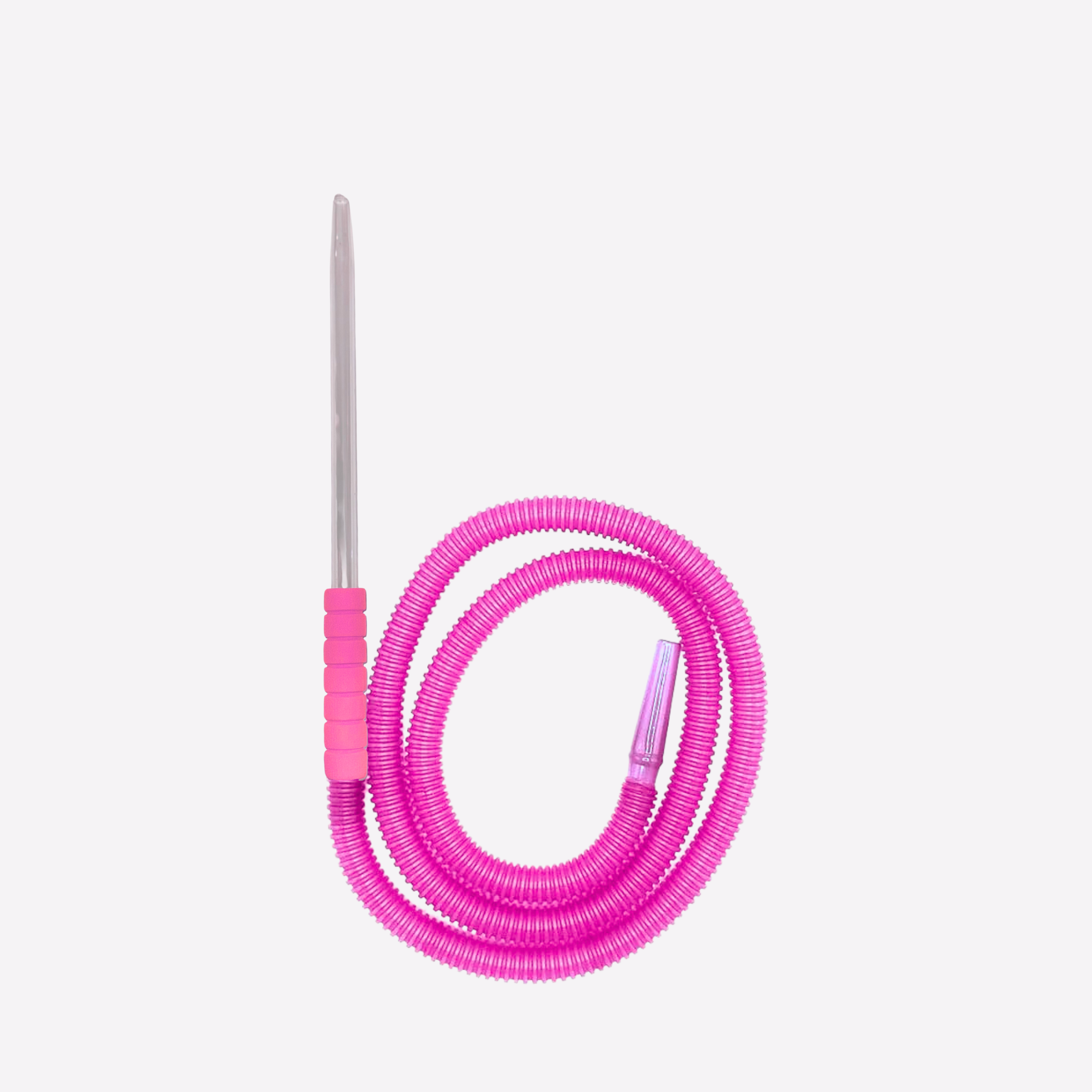 Pink coiled hose with a metal rod on a white background
