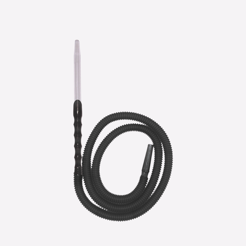 Black hose with a metallic nozzle on a light gray background