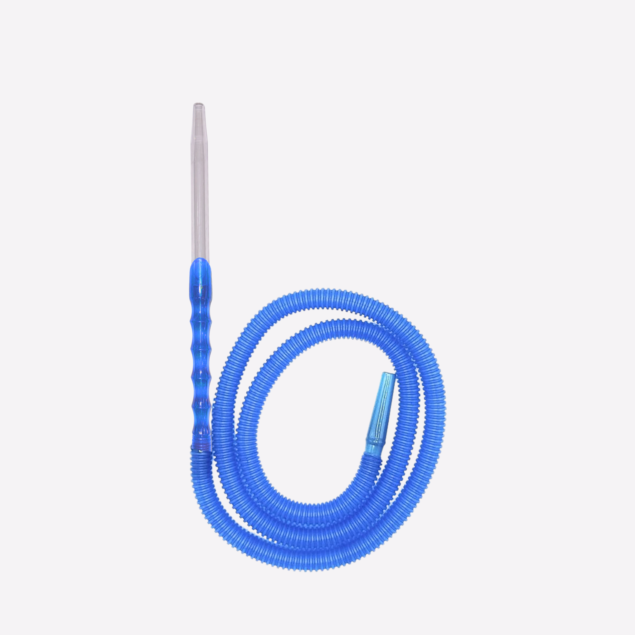 Blue flexible hose with a metal probe on a white background