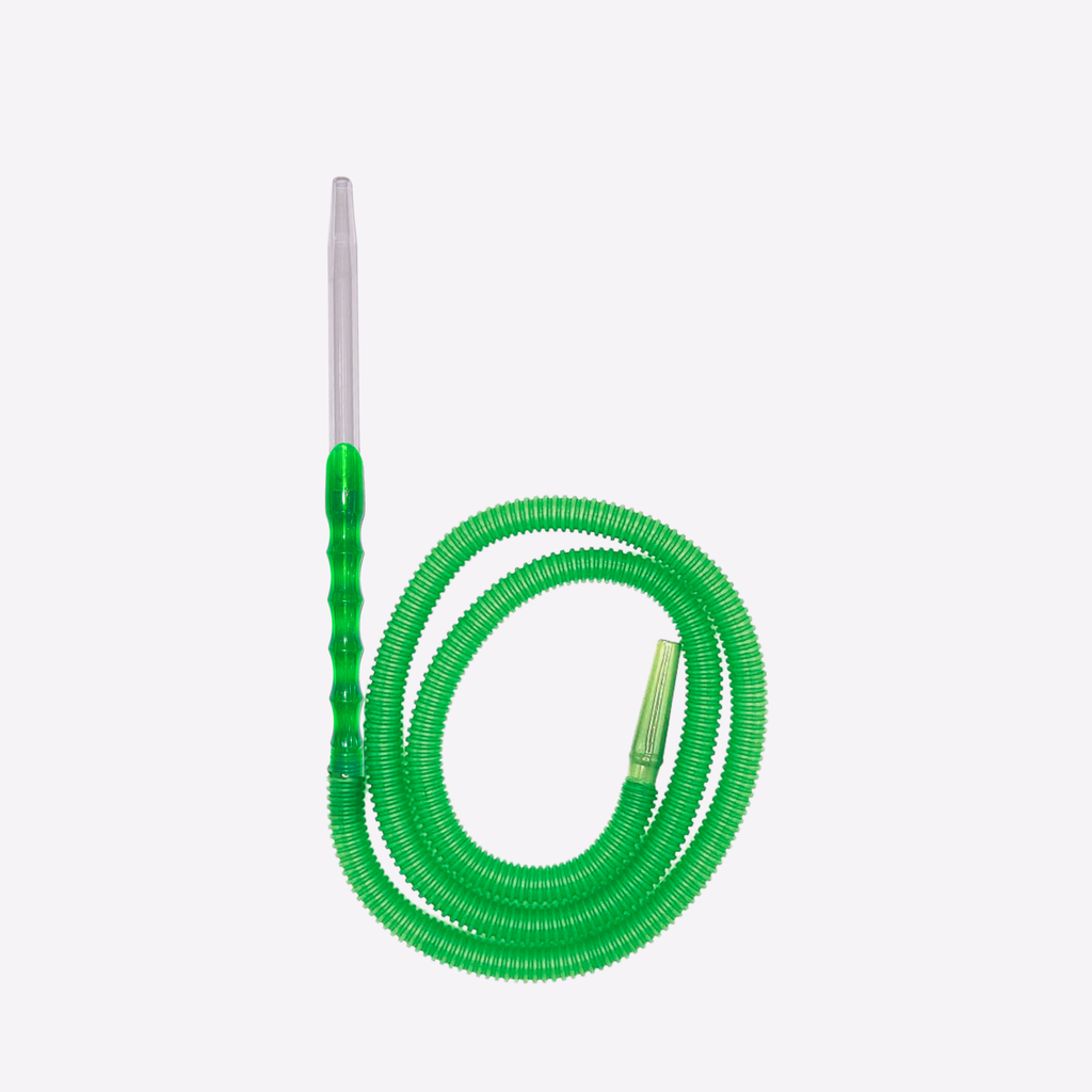 Green hose with a metallic needle on a white background