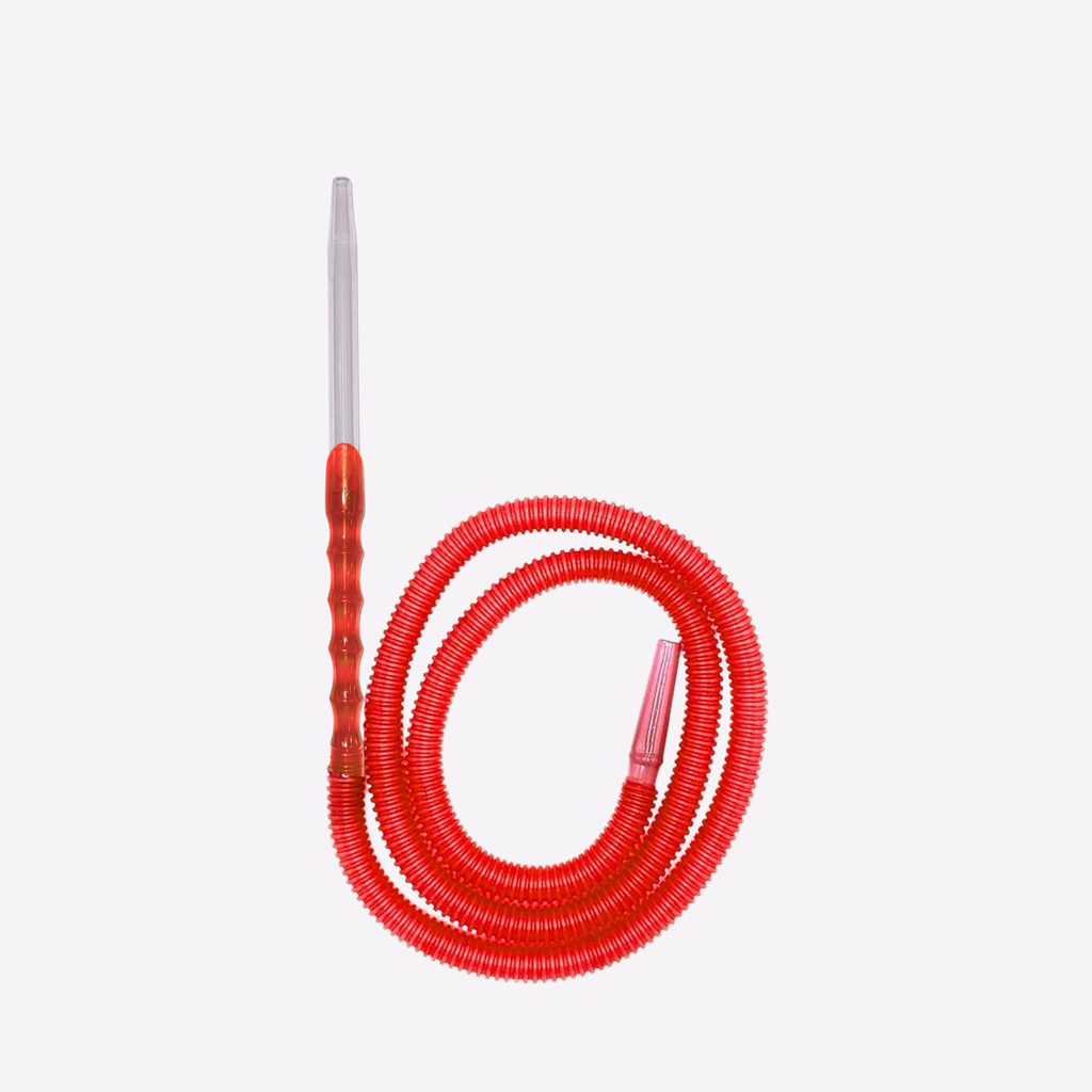 Red coiled hose with a metallic nozzle on a white background
