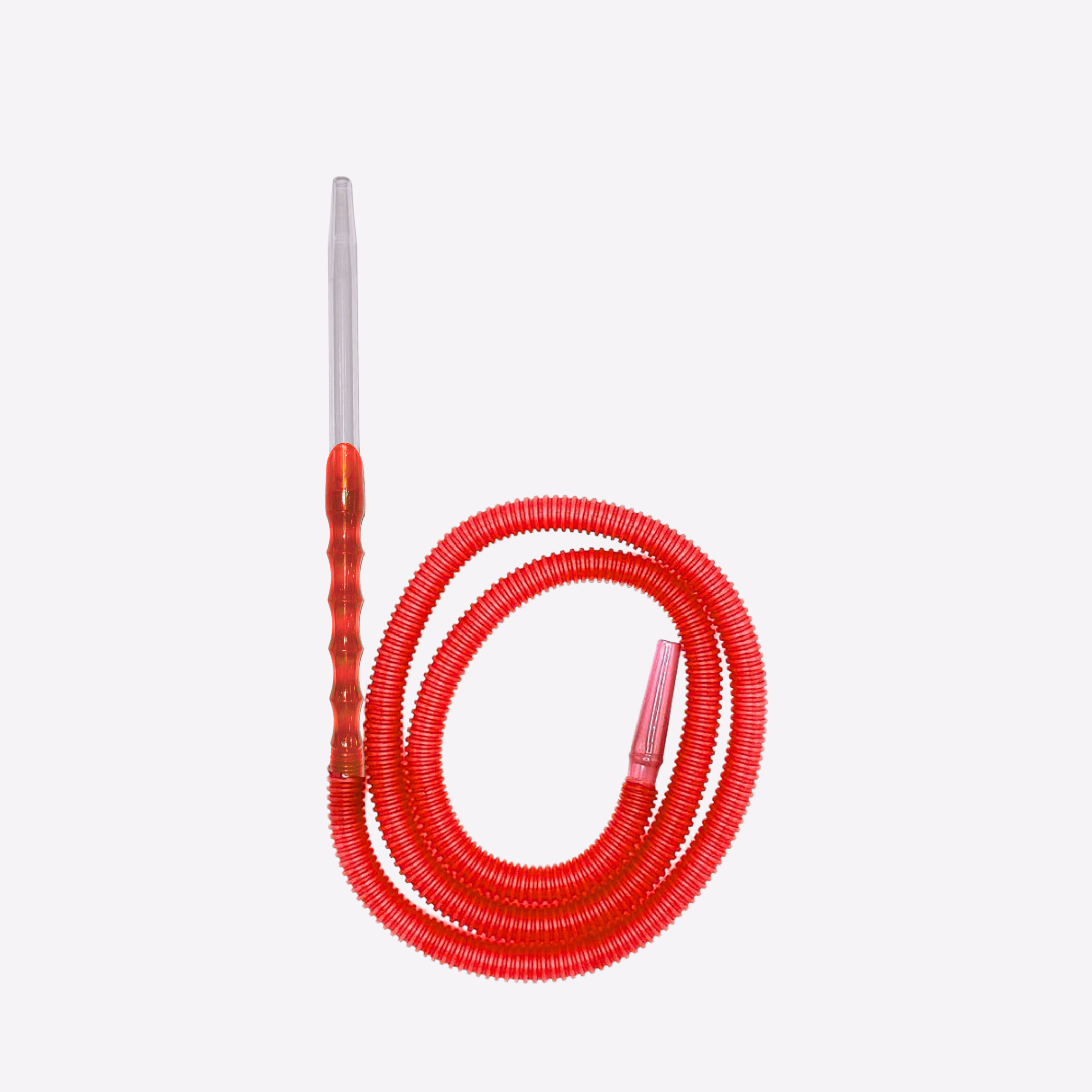Red coiled hose with a metallic nozzle on a white background