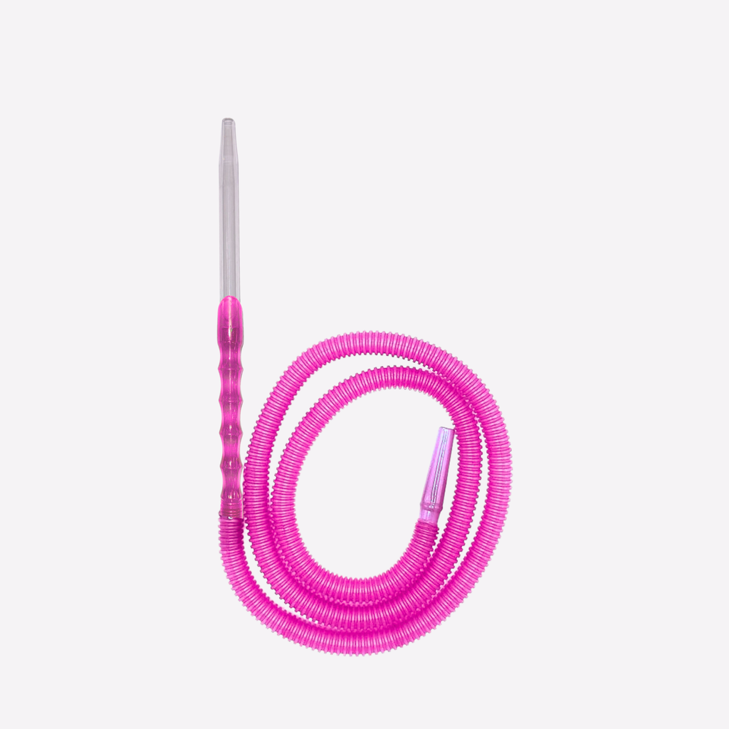 Pink coiled hose with a metallic nozzle on a white background