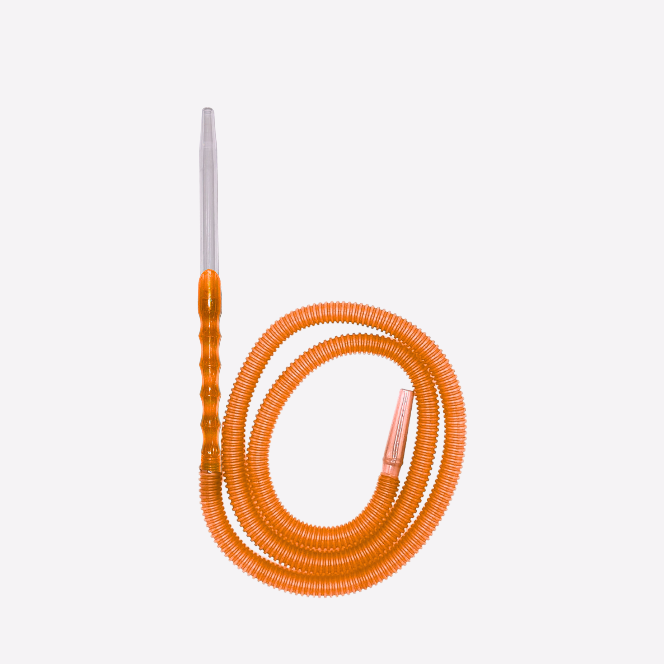 Orange coiled hose with a metallic fitting on a white background