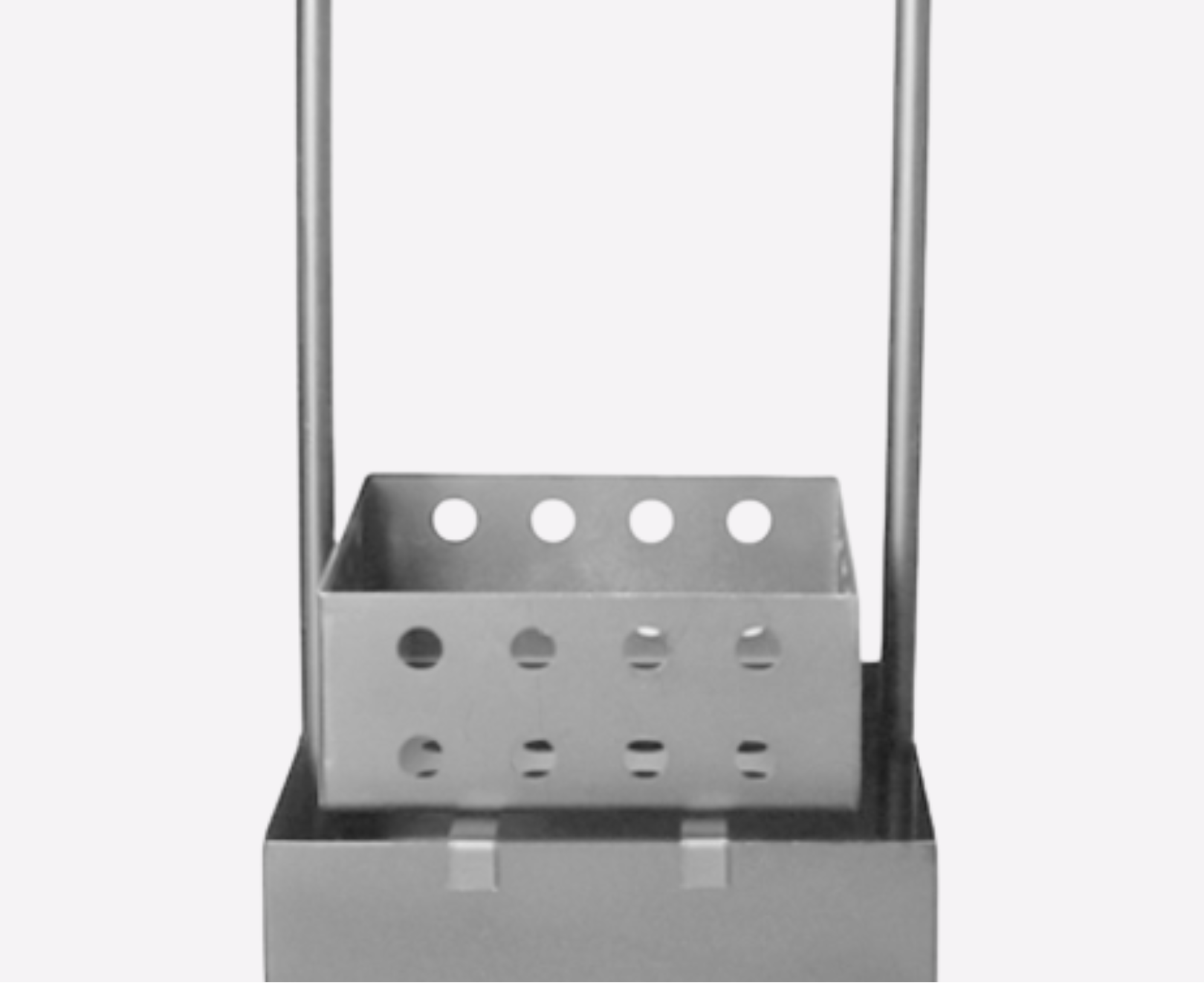 Metal stand with a square base and cylindrical rod on a white background