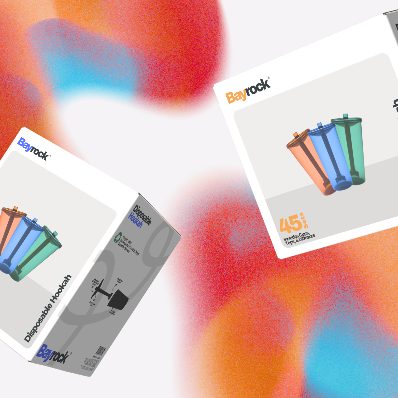 Bayrock disposable hookah packaging on a colorful abstract background